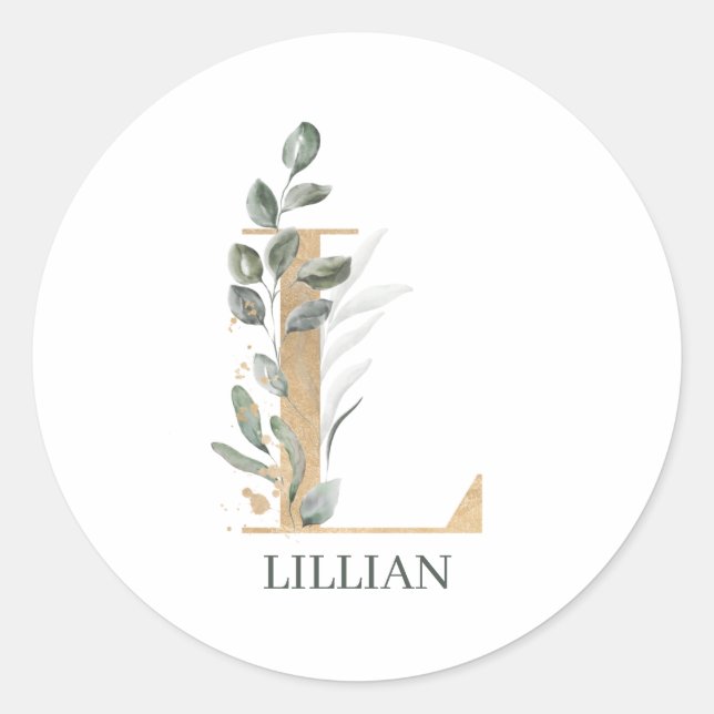 L Monogram Floral Personalized Classic Round Sticker (Front)