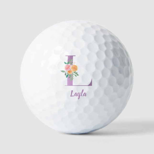 L Monogram Purple Floral Watercolor Personalized Golf Balls (Front)