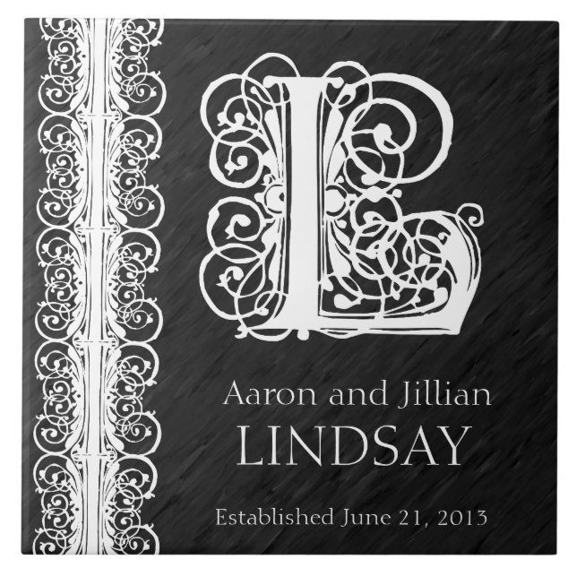 L Monogram "White Lace on Black" Wedding  Tile (Front)