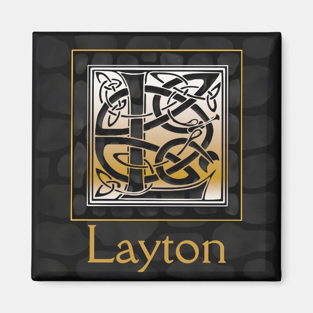 L Name Monogram "Celtic Black Stone" Square Magnet (Front)
