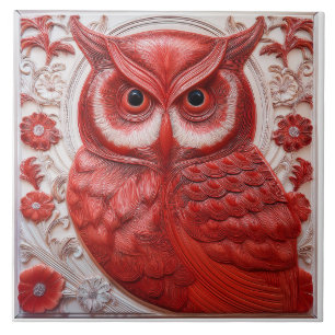 L red faux relief Art Nouveau Owl Tile