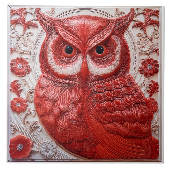 L red faux relief Art Nouveau Owl Tile (Front)
