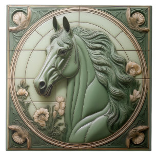 L Sage green faux relief Art Nouveau Horse Head Tile