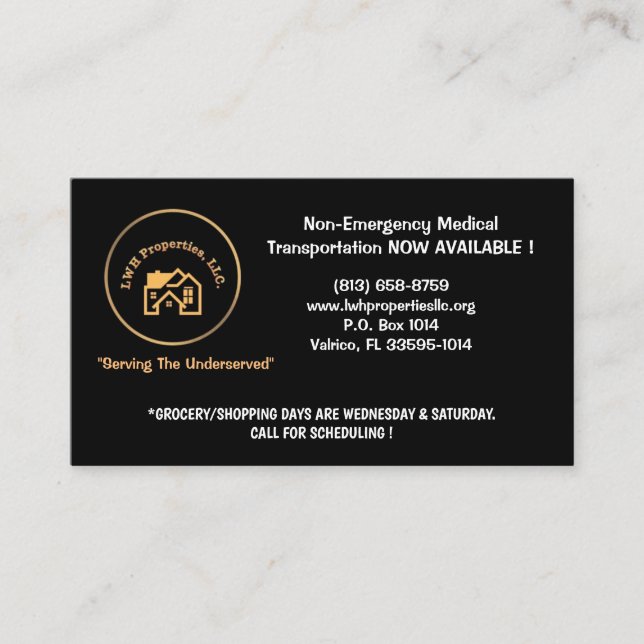 L.W.H. Properties, LLC calling card (Front)
