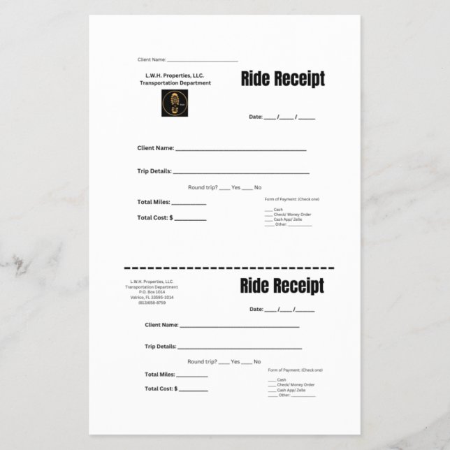 L.W.H. Properties Ride Receipt Flyer (Front)