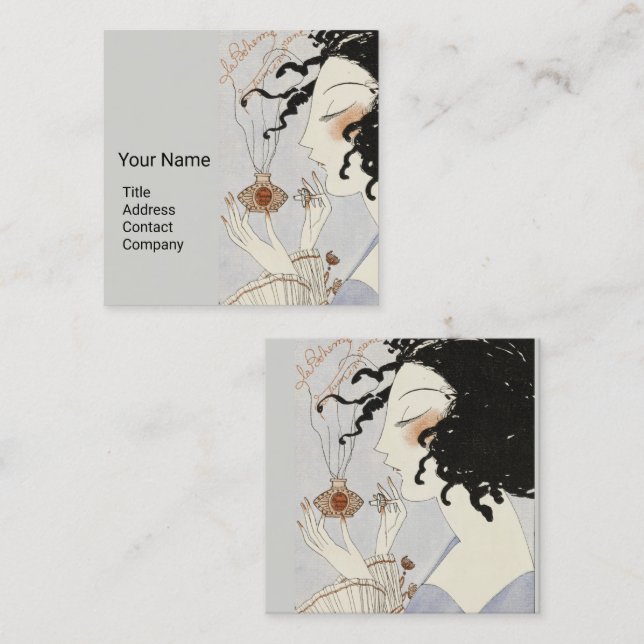 LA BOHEME,LADY WITH PERFUME BOTTLE ART DECO BEAUTY SQUARE BUSINESS CARD (Front/Back)