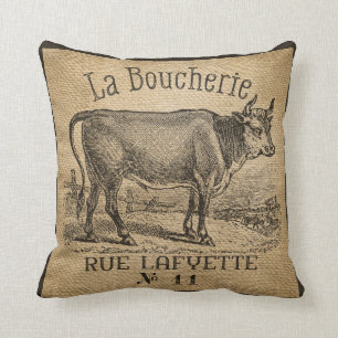 La Boucherie French Cow Burlap Vintage Throw Pillow