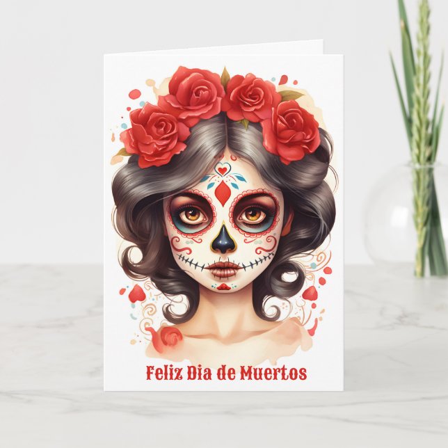 La Calavera Catarina💀 en Flores Rojas 🌹 Holiday Card (Front)