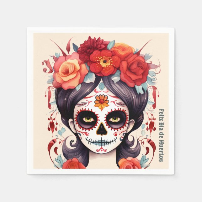 La Calavera Catarina en Flores Rojas 🌹 Napkin (Front)