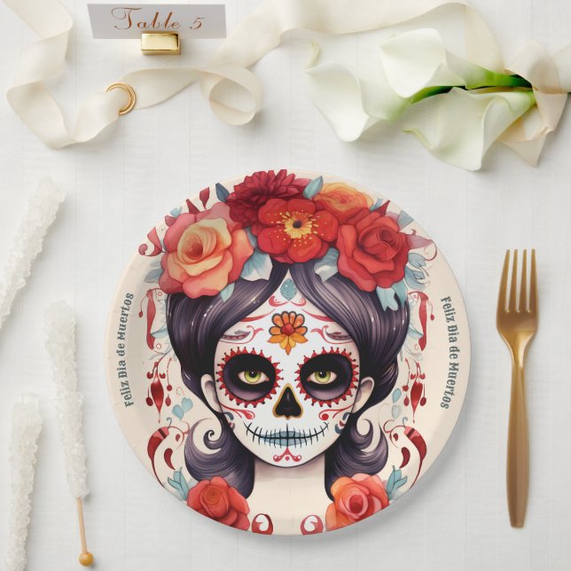 La Calavera Catarina en Flores Rojas 🌹 Paper Plate (Wedding)