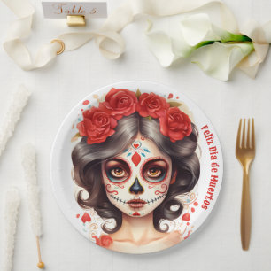 La Calavera Catarina💀 en Flores Rojas 🌹 Paper Plate