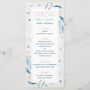 La carte de menu de baby shower, bleu, rougissent