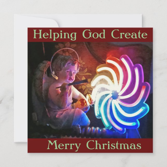 La carte de Noël montre Cherub "aidant Dieu à crée (Devant)