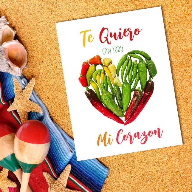 La carte postale Quiero Chili Peppers Heart Valent (te quiero con todo mi corazon)