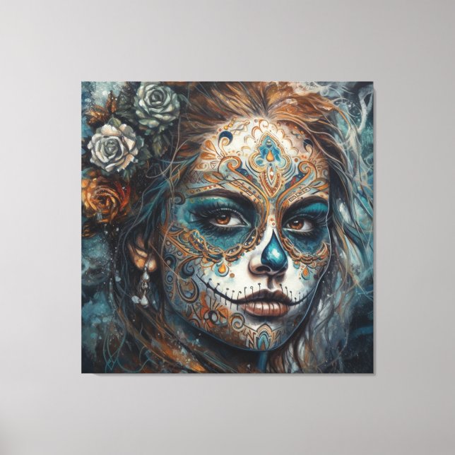 La Catrina Azul Dia de los Muertos Sugar Skull Canvas Print (Front)