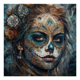 La Catrina Azul Dia de los Muertos Sugar Skull Poster