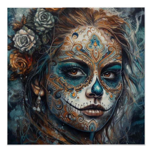 La Catrina Azul Dia de los Muertos Sugar Skull Poster (Front)