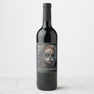 La Catrina Azul Dia de los Muertos Sugar Skull Wine Label
