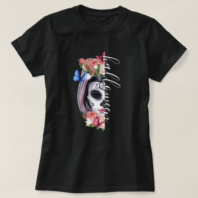 La Catrina Day of the Dead Floral Skull Halloween T-Shirt (Design Front)