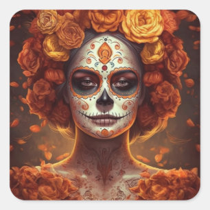 La Catrina Marigold Dia de los Muertos Sugar Skull Square Sticker