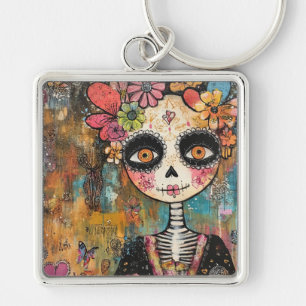 La Catrina Skeleton With Flower Crown Keychain