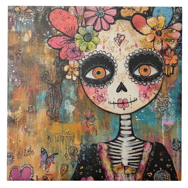 La Catrina Skeleton With Flower Crown Tile (Front)