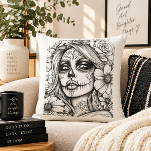 La Catrina Sugar Skull Woman Day of the Dead Flora Throw Pillow