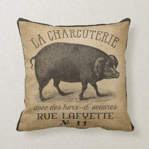 LA CHARCUTERIE Pig Vintage Burlap French Throw Pillow