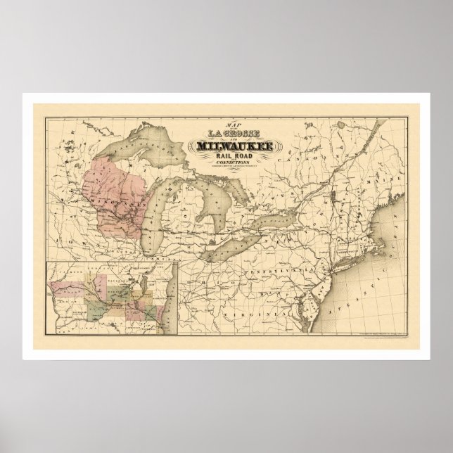 La Crosse & Milwaukee Railroad Map 1855 Poster (Front)