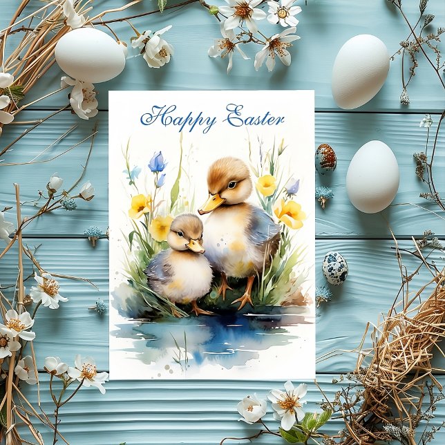 La Delice des Canetons : Carte de Fête de Pâques (happy easter, duckling, easter postcard, easter, blue, animals, cute easter, flowers, duck, )