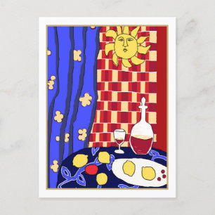 La Dolce Vita Blue Red Still Life Wine Lemons Postcard