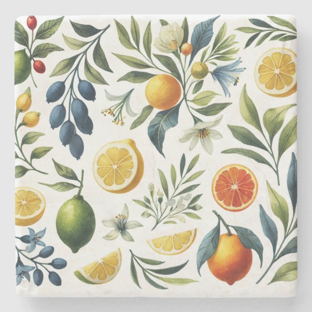 La Dolce Vita Citrus-Themed Mediterranean Blue  Stone Coaster (Front)