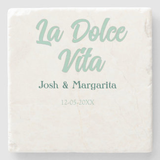 La Dolce Vita green blue pastel name date wedding  Stone Coaster