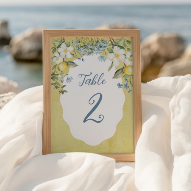 La Dolce Vita Lemon Carte de table Mariage (Lemon floral table number card fits beautifully into a picture frame for wedding or party décor.)