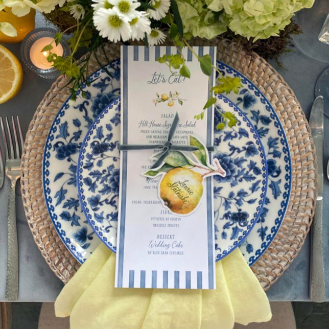 La Dolce Vita Lemon Floral Mariage plat Menu (Elevate your wedding table with this lemon-themed menu, featuring watercolor artwork.)