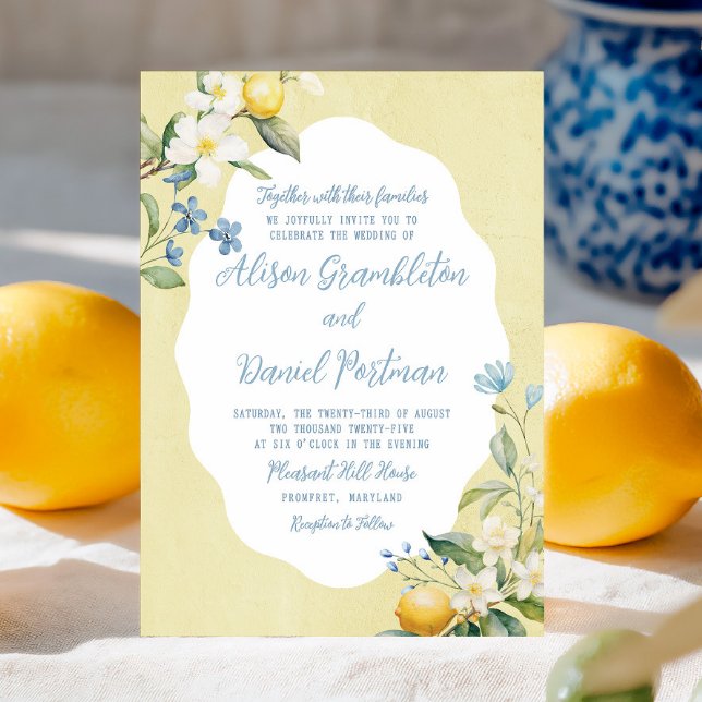La Dolce Vita Lemon Floral Wedding Invitation (Celebrate your big day with this lemon and wildflower invite inspired by vibrant Italian living.)