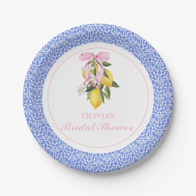 La Dolce Vita Lemon Pink Bow Bridal Shower Paper Plate (Front)
