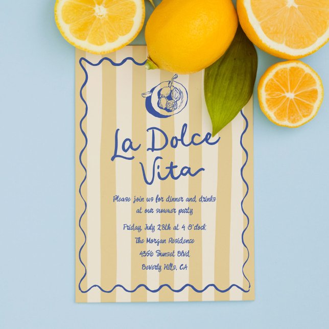La Dolce Vita Lemons Italian Summer Party Invitation (La Dolce Vita party invitation template with yellow stripes and hand drawn doodles)