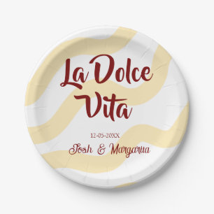 La Dolce Vita peach wedding couple Name mauve Paper Plate
