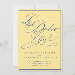 La Dolce Vita Script Lemon Yellow Blue Wedding Invitation