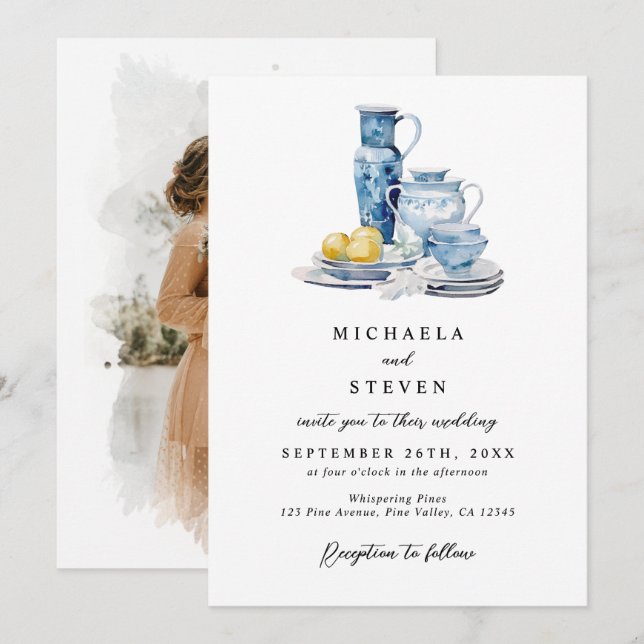 La Dolce Vita Style Watercolor Photo Wedding Invitation (Front/Back)