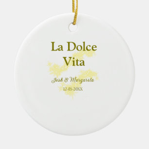 La Dolce Vita yellow wedding couple Name date glit Ceramic Ornament