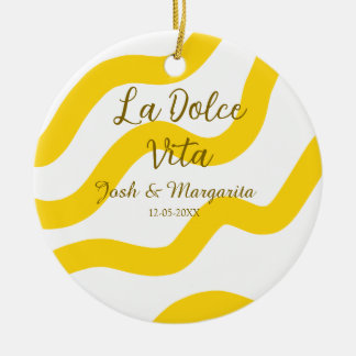 La Dolce Vita yellow wedding couple Name date glit Ceramic Ornament