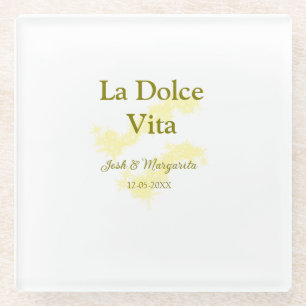 La Dolce Vita yellow wedding couple Name date glit Glass Coaster