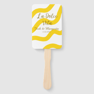 La Dolce Vita yellow wedding couple Name date glit Hand Fan