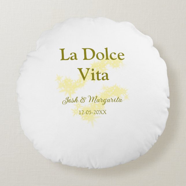 La Dolce Vita yellow wedding couple Name date glit Round Pillow (Front)