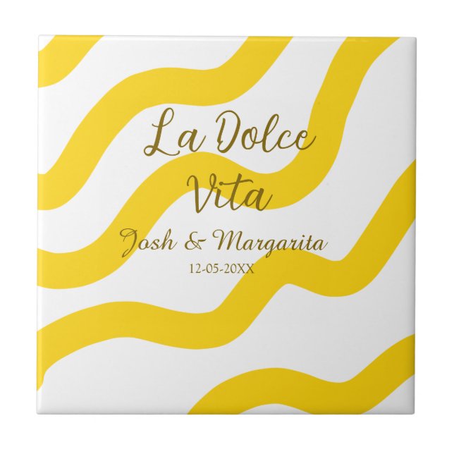 La Dolce Vita yellow wedding couple Name date glit Tile (Front)