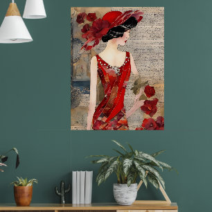 La Femme dans une robe rouge collage Poster
