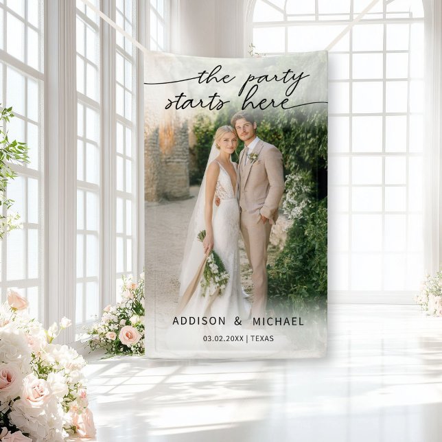 LA FÊTE COMMENCE ICI ! Bannière de mariage photo (THE PARTY STARTS HERE! Photo Wedding Banner, with a soft white overlay. Edit with your photo, names )