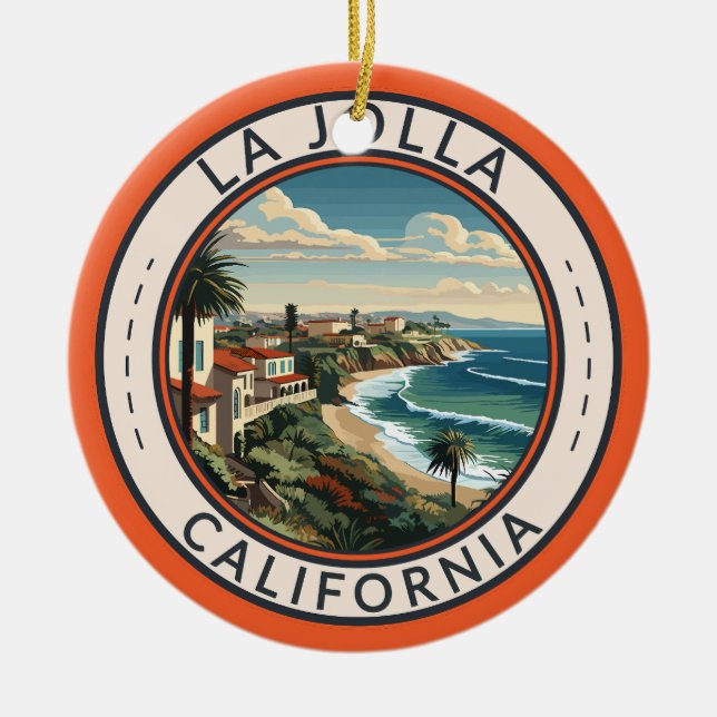 La Jolla California Coastline Travel Art Retro Ceramic Ornament (Front)